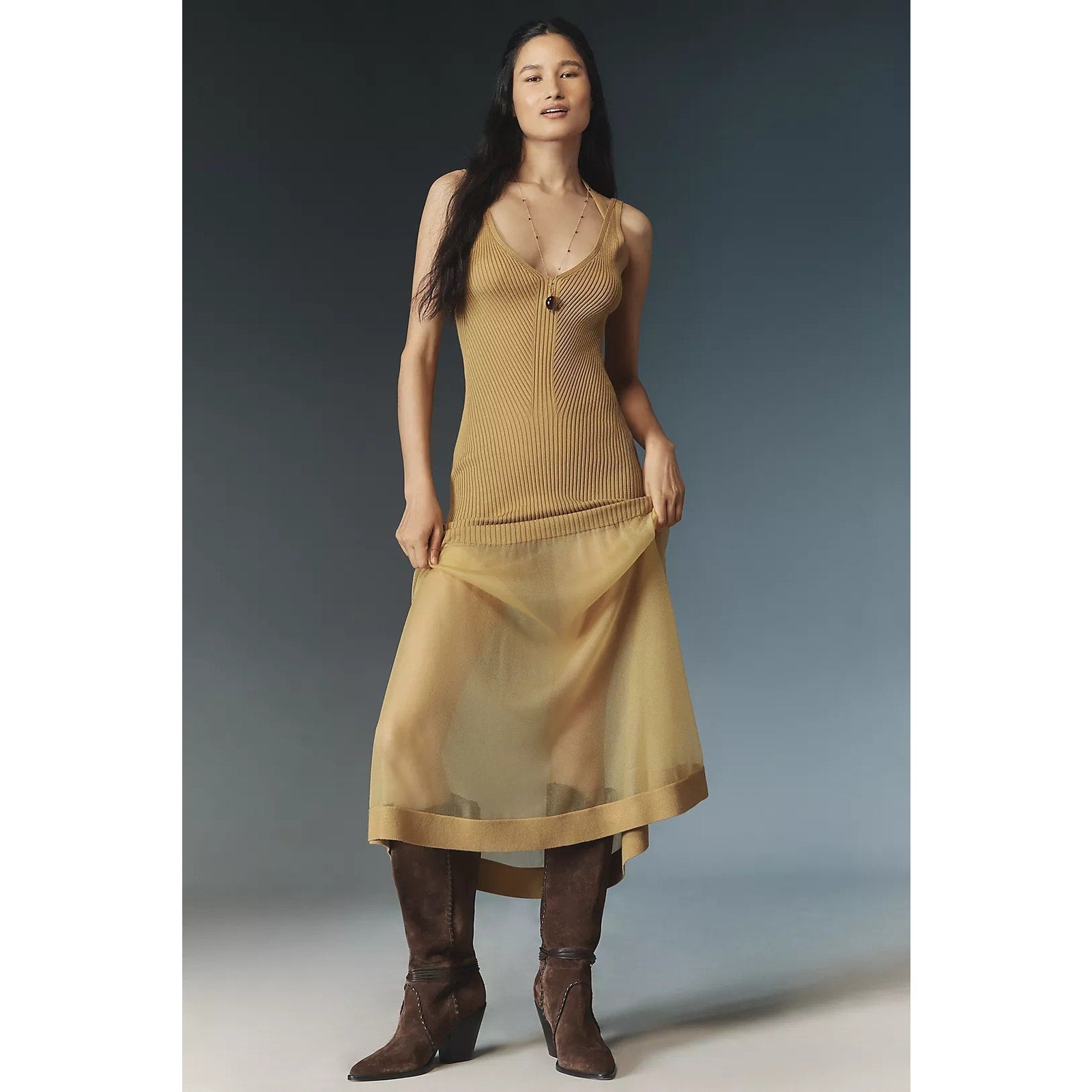 Anthropologie Sheer Panel Maxi Sweater Dress SLEEVELESS LARGE Gold Anthropologie