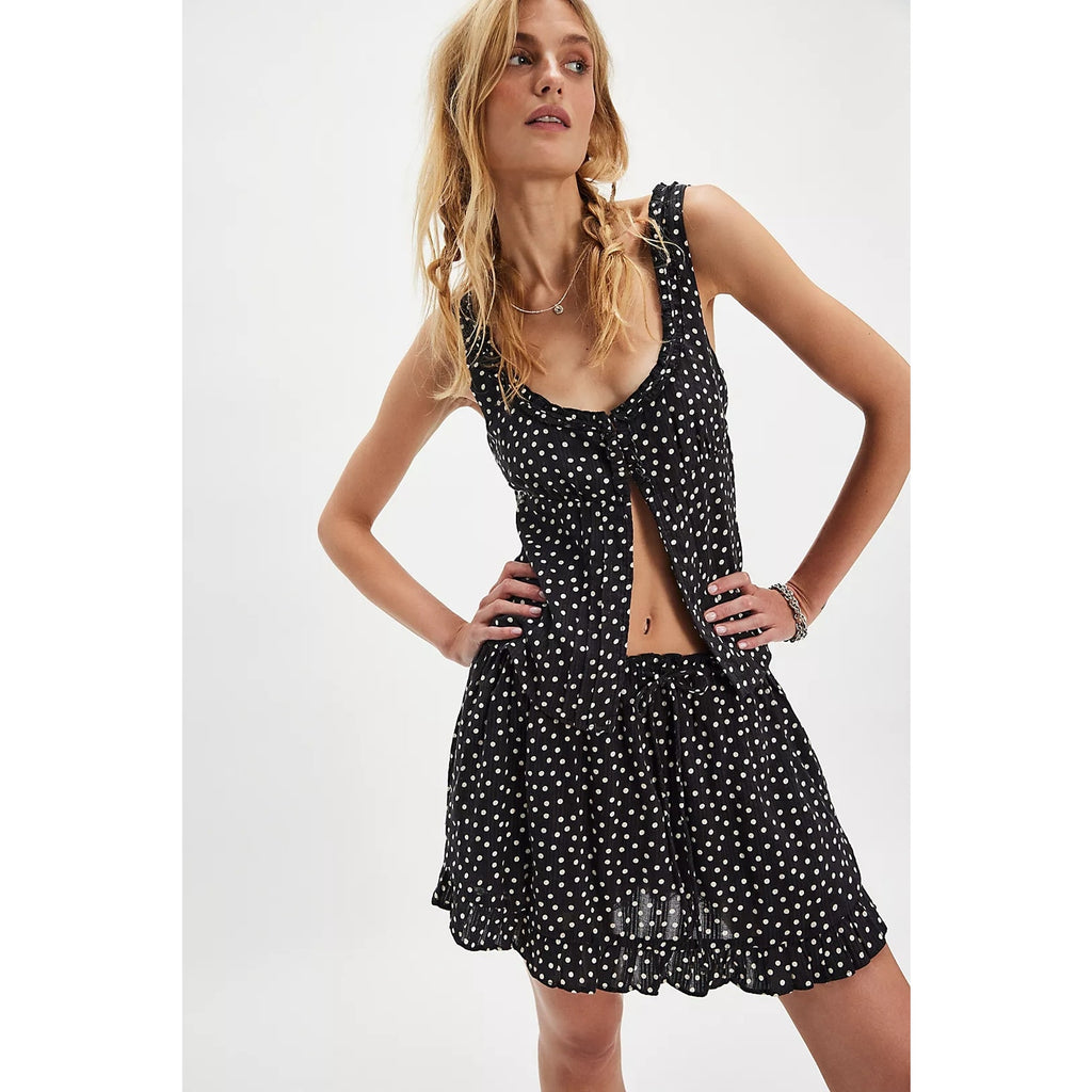 New FREE PEOPLE Ellia Printed Set TOP + SKORT $148 X-LARGE Black Combo Polka Dot Free People