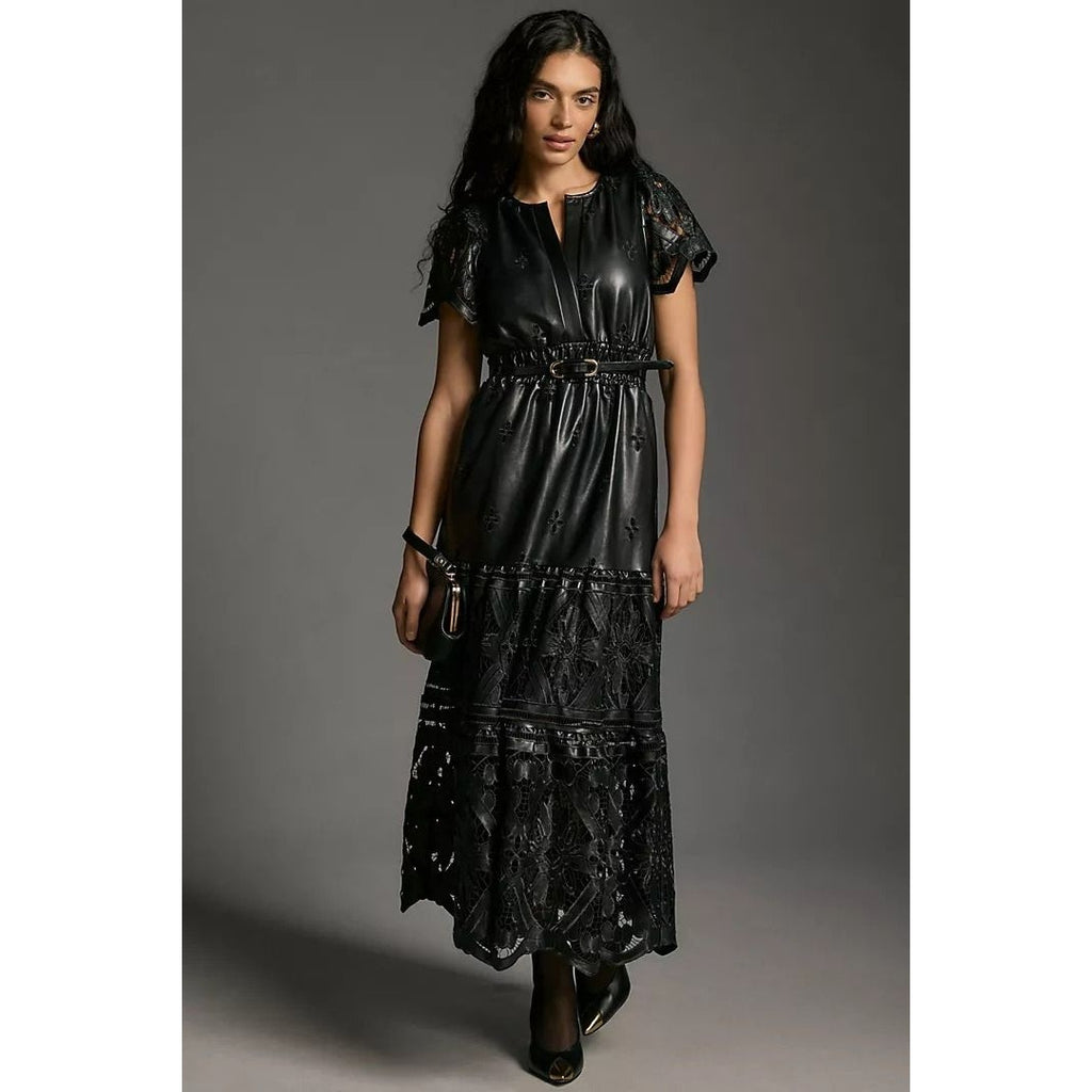 Anthropologie The Somerset Maxi Dress: Faux Leather Embroidered BLACK XXS 00