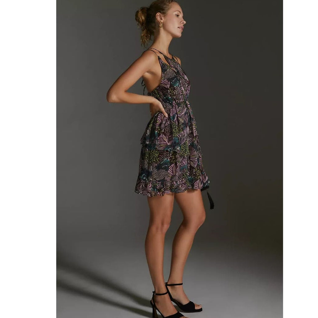 New By Anthropologie Cutout Chiffon Mini Dress $170 X-SMALL Purple Abstract