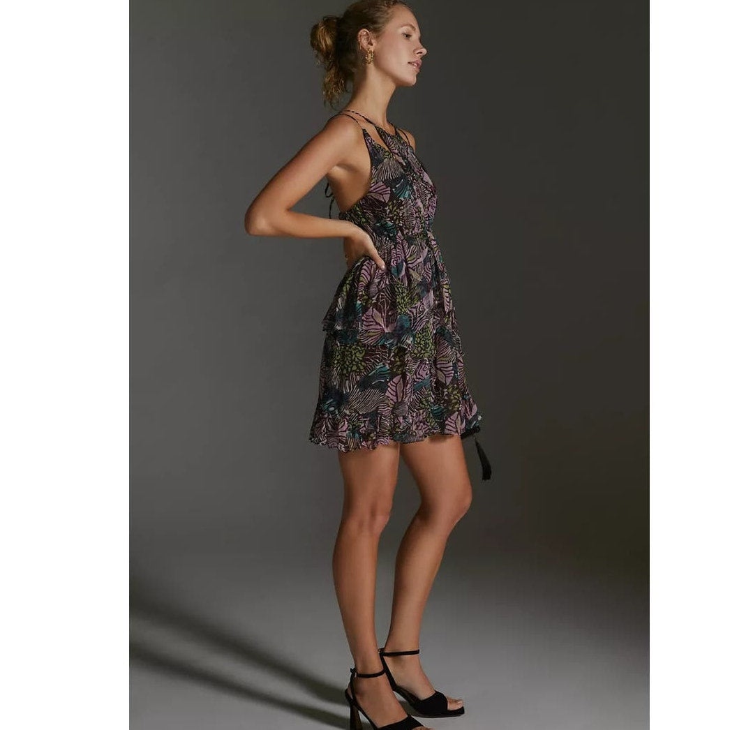 New By Anthropologie Cutout Chiffon Mini Dress $170 X-SMALL Purple Abstract