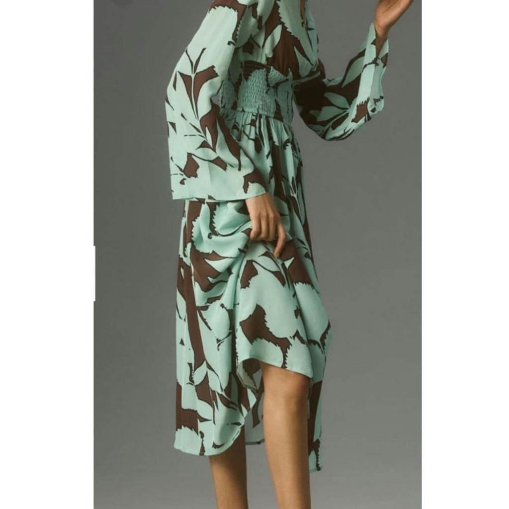 New Anthropologie DHRUV KAPOOR Long Sleeve V-Neck Maxi Dress $248 MEDIUM Brown
