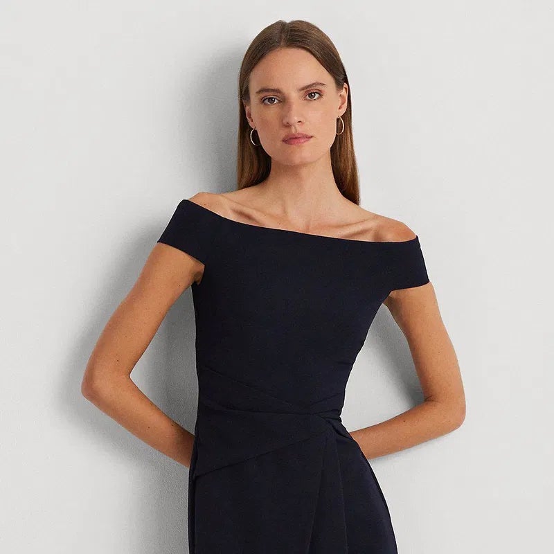 Navy off-shoulder gown with straight neckline and gathered waist drape, short sleeves