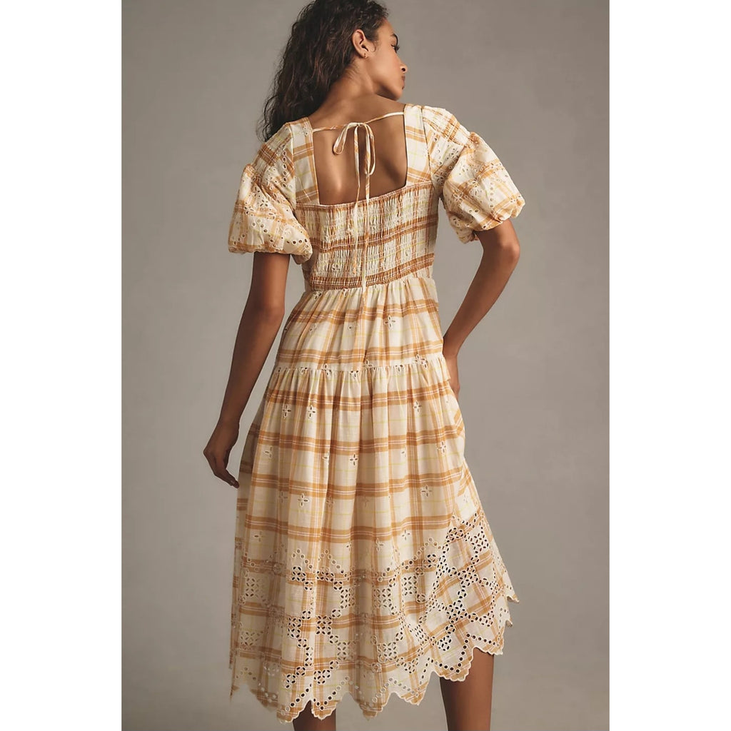 Anthropologie Puff-Sleeve Eyelet Midi Dress $188 MEDIUM PETITE Smocked