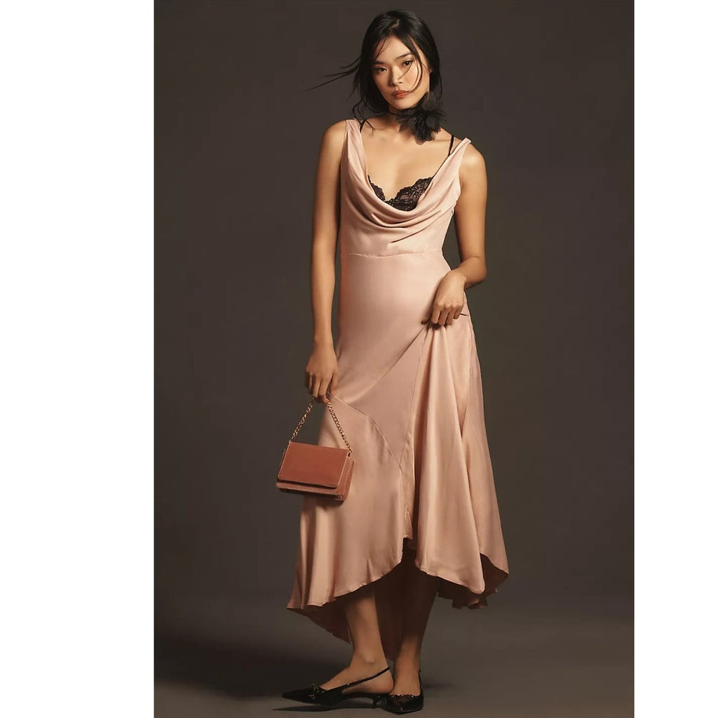 New By Anthropologie Cowl-Neck Asymmetrical Twofer Slip Dress $178 XS Pink