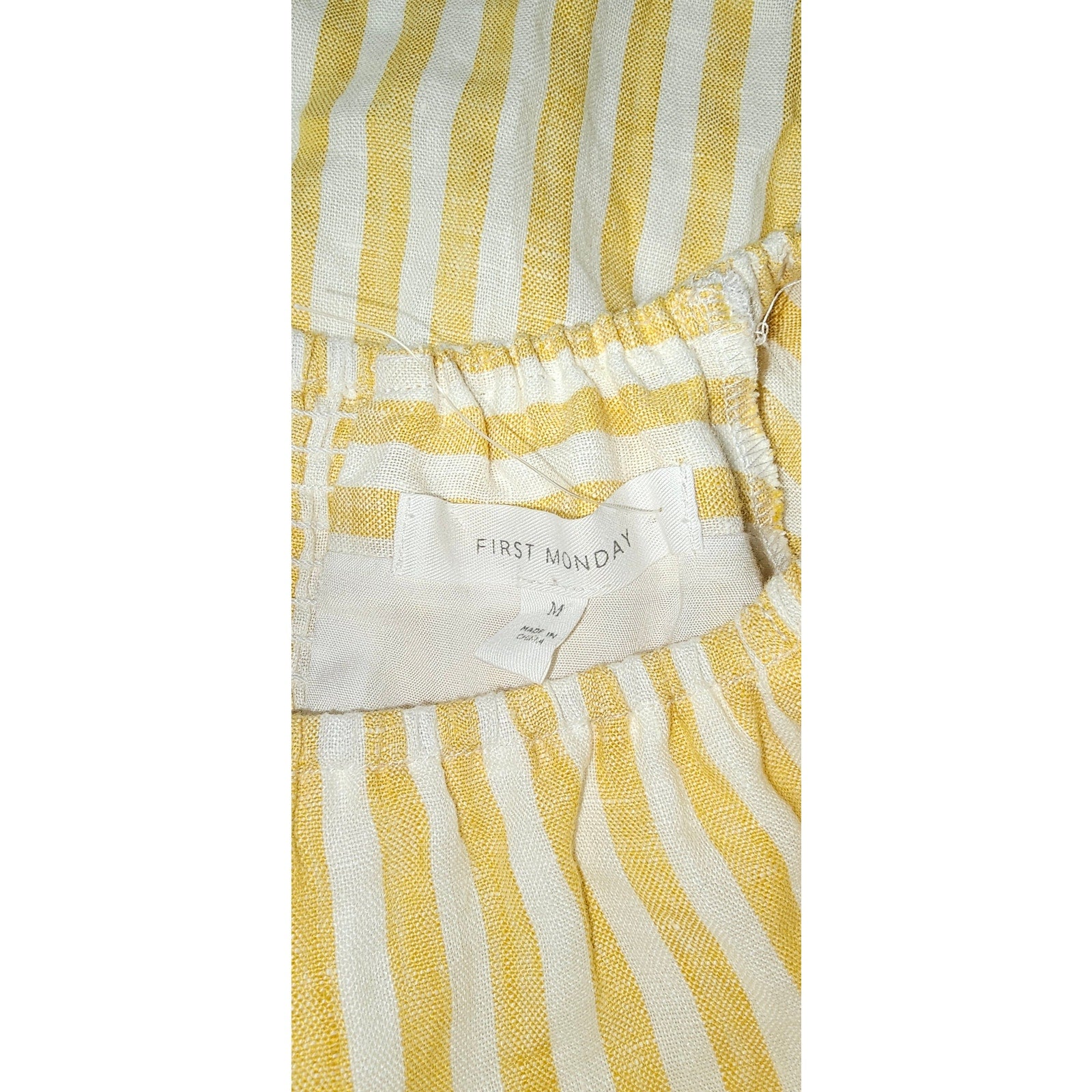 Anthropologie Linen Off-The-Shoulder Dress SMOCKED MEDIUM Yellow Stripe Anthropologie