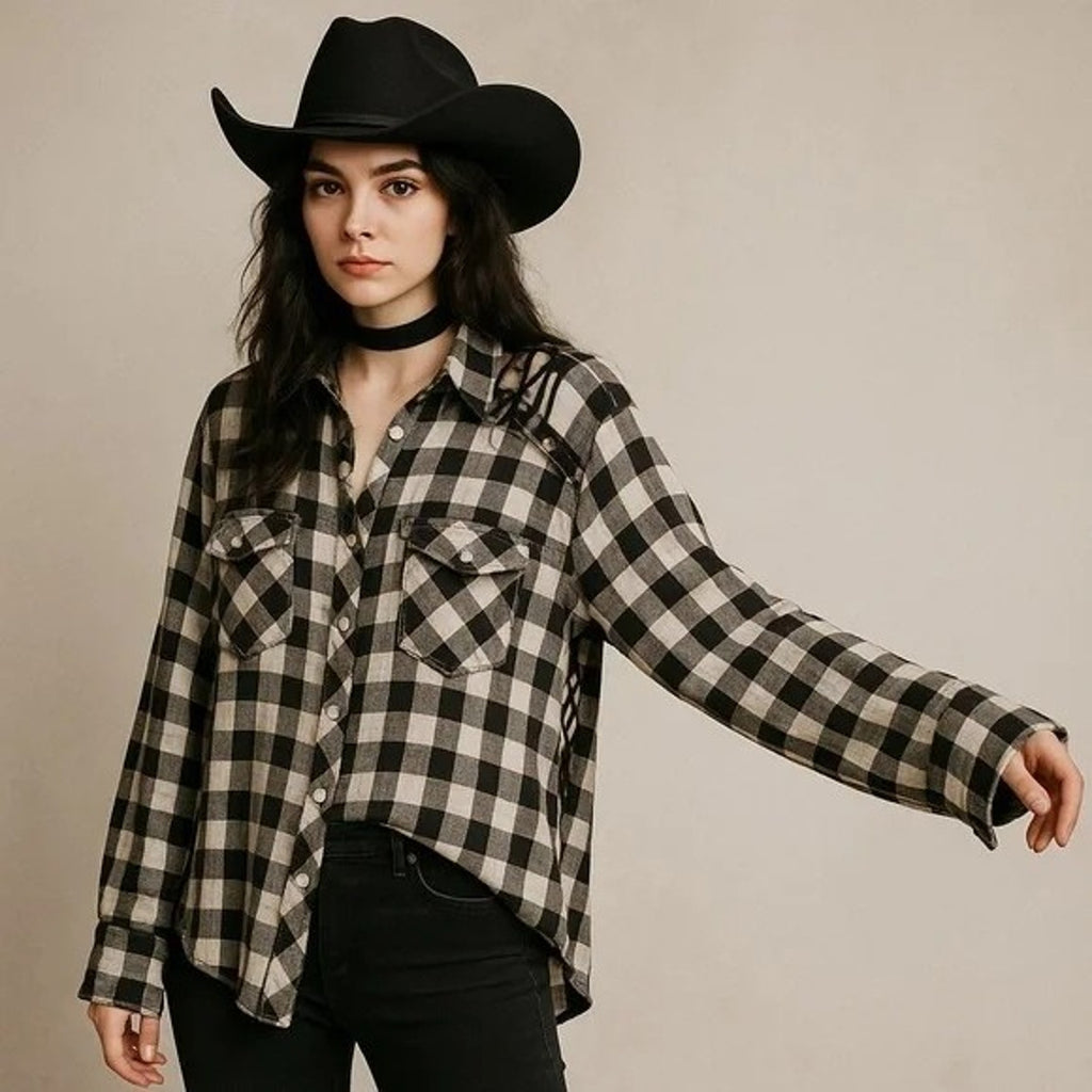 New Free People Plaid Lace Up Shoulder Snap Long Sleeve Top in B&W $108 Small