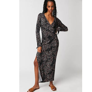 New Free People Shayla Wrap Midi Dress $128  X-SMALL  Black Combo