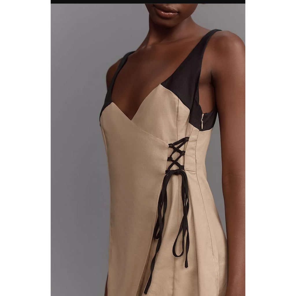 New By Anthropologie Sleeveless Linen Wrap Mini Dress $168 SIZE 10 Gold