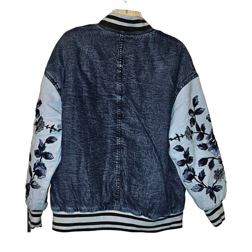 New Free People WTF Team Spirit Jacket $298 SMALL Stone Blue Floral Embroidery