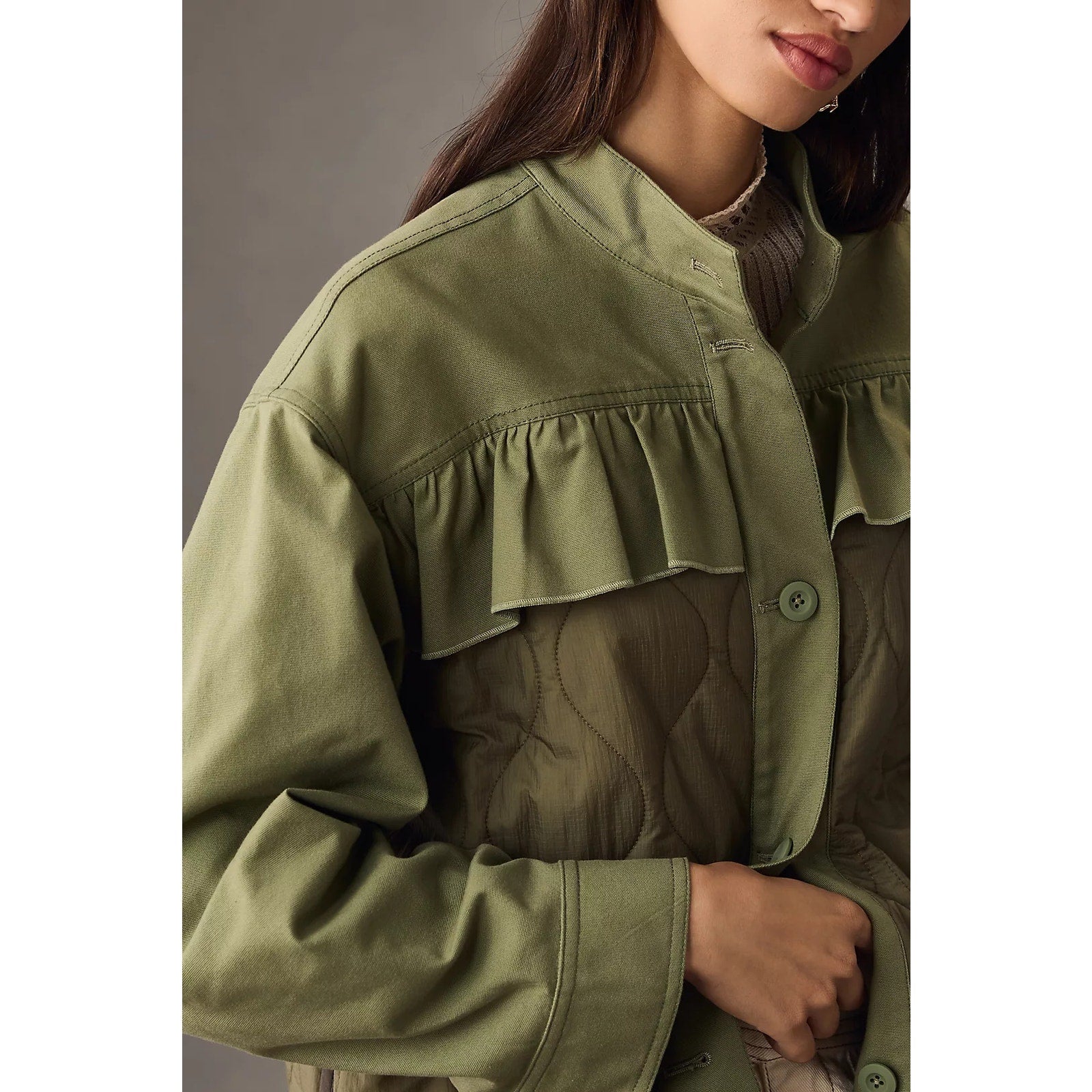 New By Anthropologie Quilted Ruffled Shacket $178 X-SMALL Moss MILITARY INSPIRED