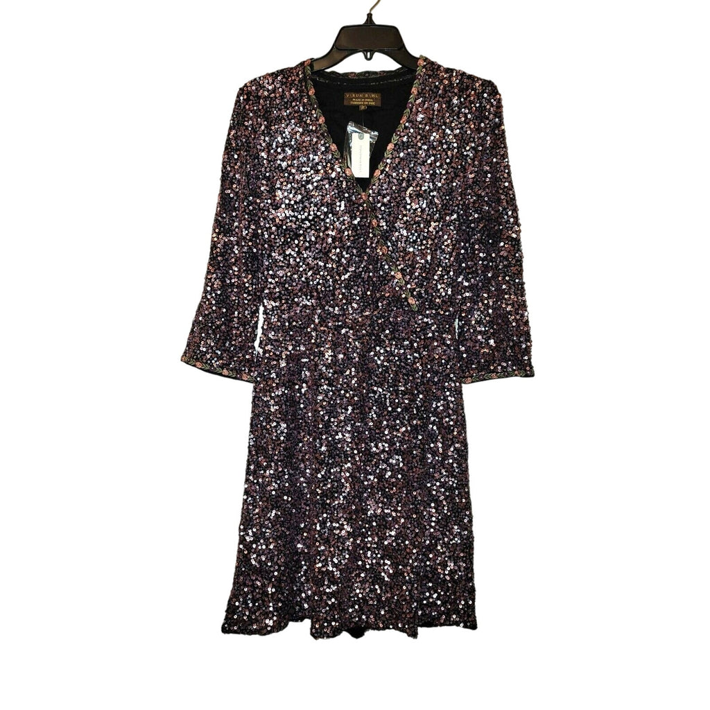 New Anthropologie Sequined Wrap Mini Dress by Varun Bahl $348 Size 2 Purple