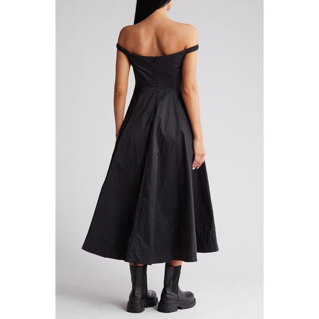 New Free People Alinda Midi Dress $228 SIZE 4 Shiny Black Off-The-Shoulder