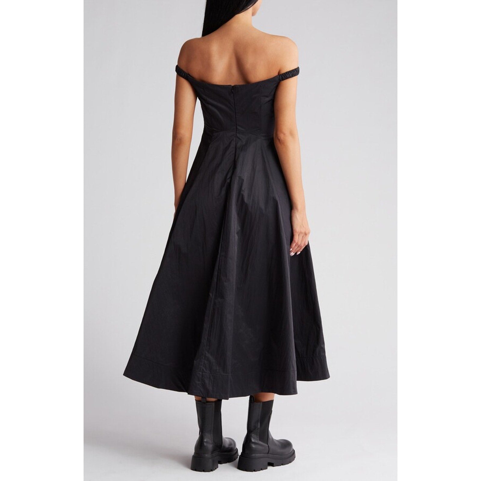 New Free People Alinda Midi Dress $228 SIZE 4 Shiny Black Off-The-Shoulder