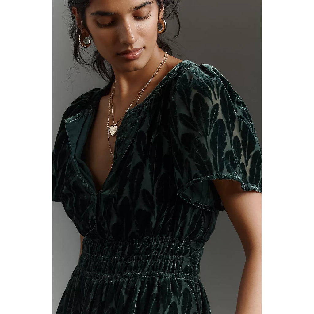 Dark teal velvet maxi dress bodice with V-neck, short sleeves, and smocked waist detail
