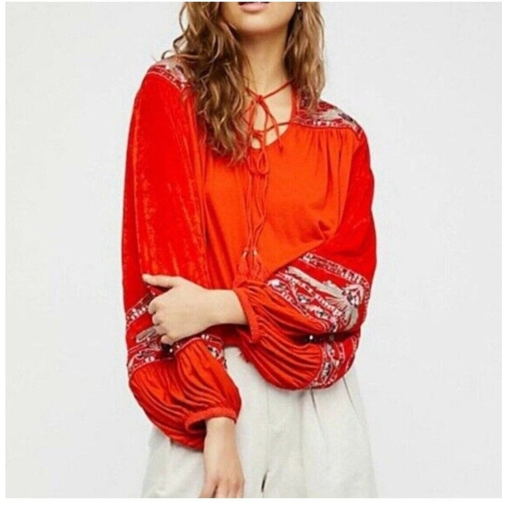 New Free People Hearts Aflame Orange Balloon Long-Sleeve Sequin Top $128 S Red