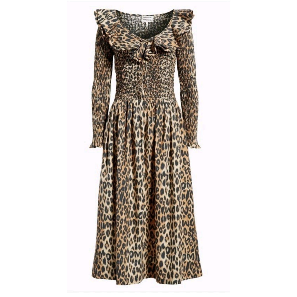 Anthropologie Damson Madder Harper Shirred Midi Dress SIZE 4 Leopard Anthropologie