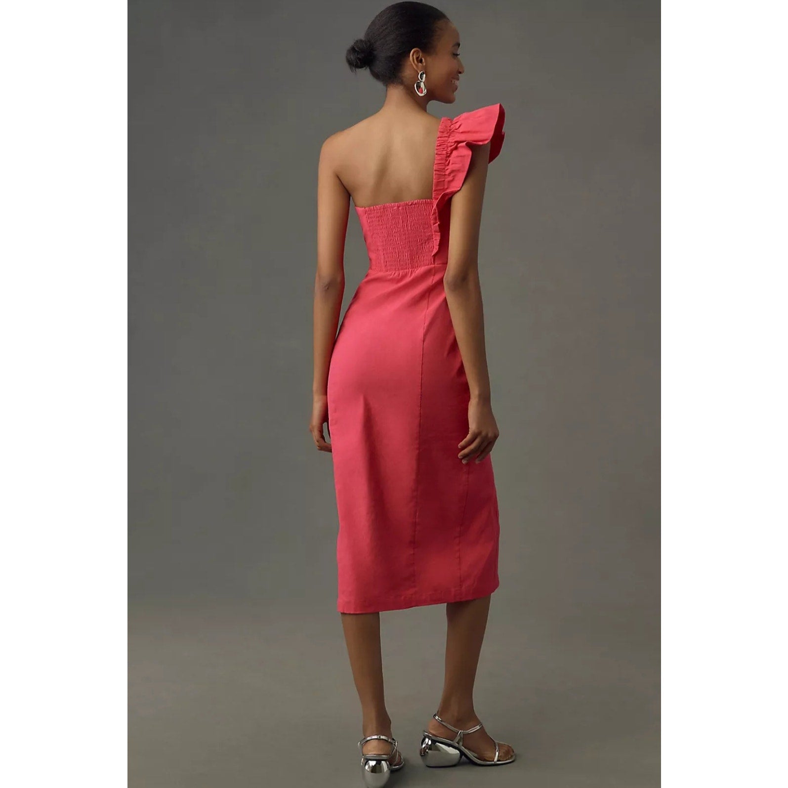 New By Anthropologie One-Shoulder Ruffle Linen Column Midi Dress $168 LARGE Pink