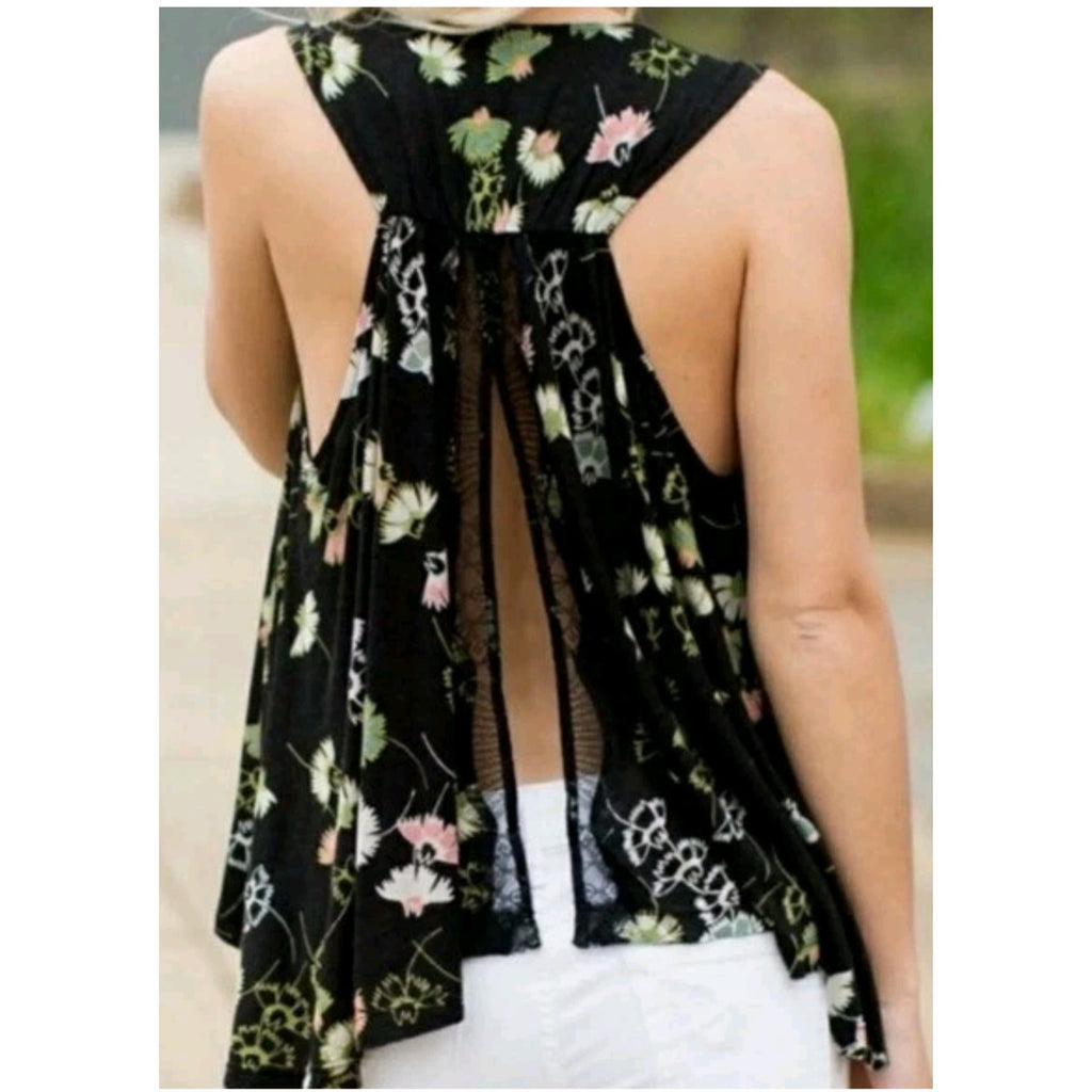 New Free People Love Potion Floral Tank Top $88 SMALL Black V-neck Eyelash Lace