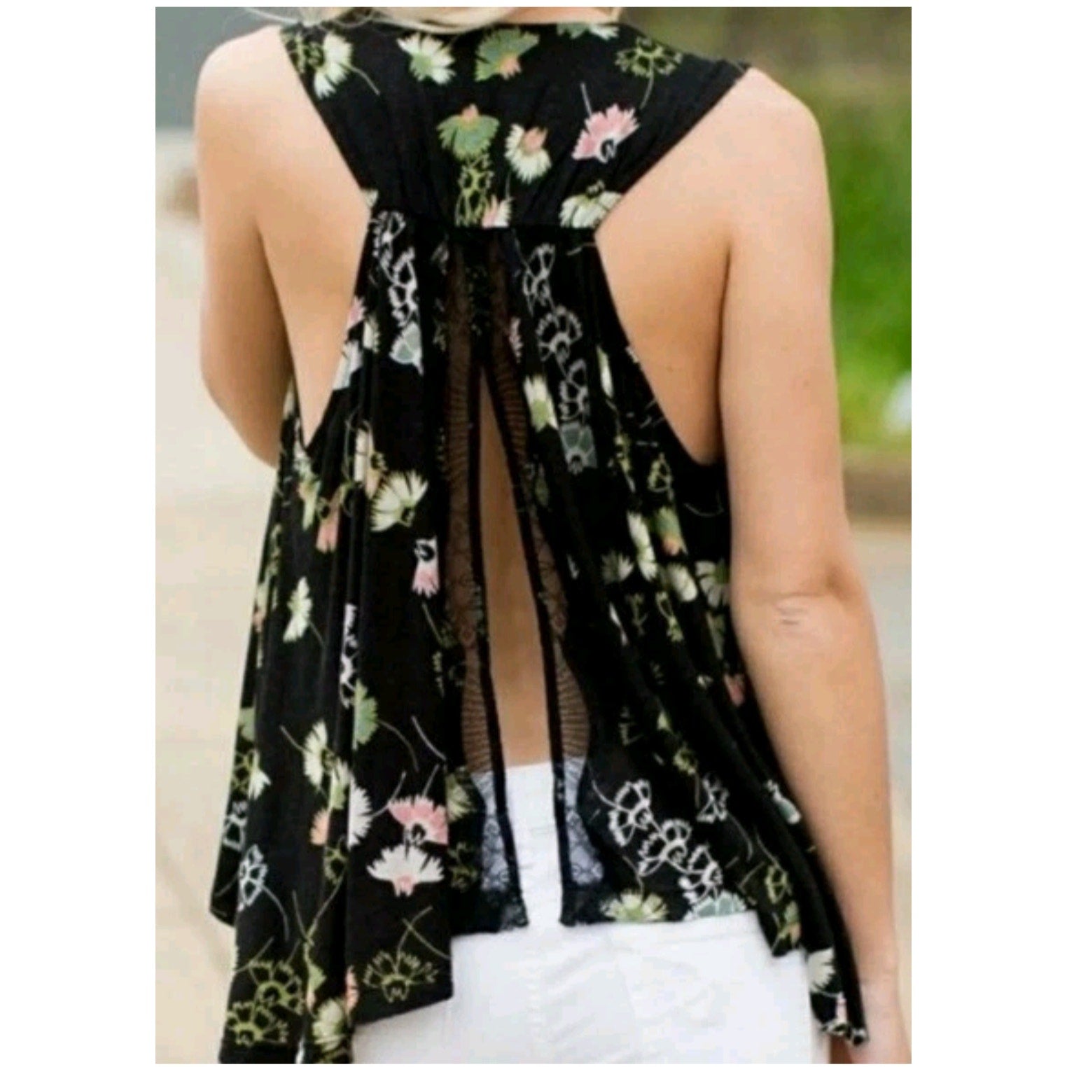 New Free People Love Potion Floral Tank Top $88 SMALL Black V-neck Eyelash Lace