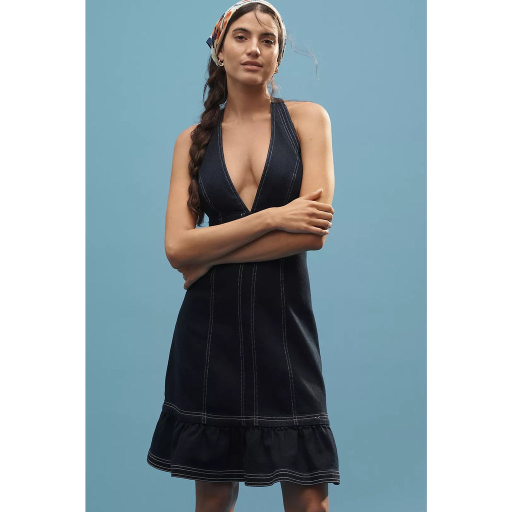 Anthropologie Pilcro Halter Deep-V Seamed Open-Back Mini Dress $158 X-LARGE