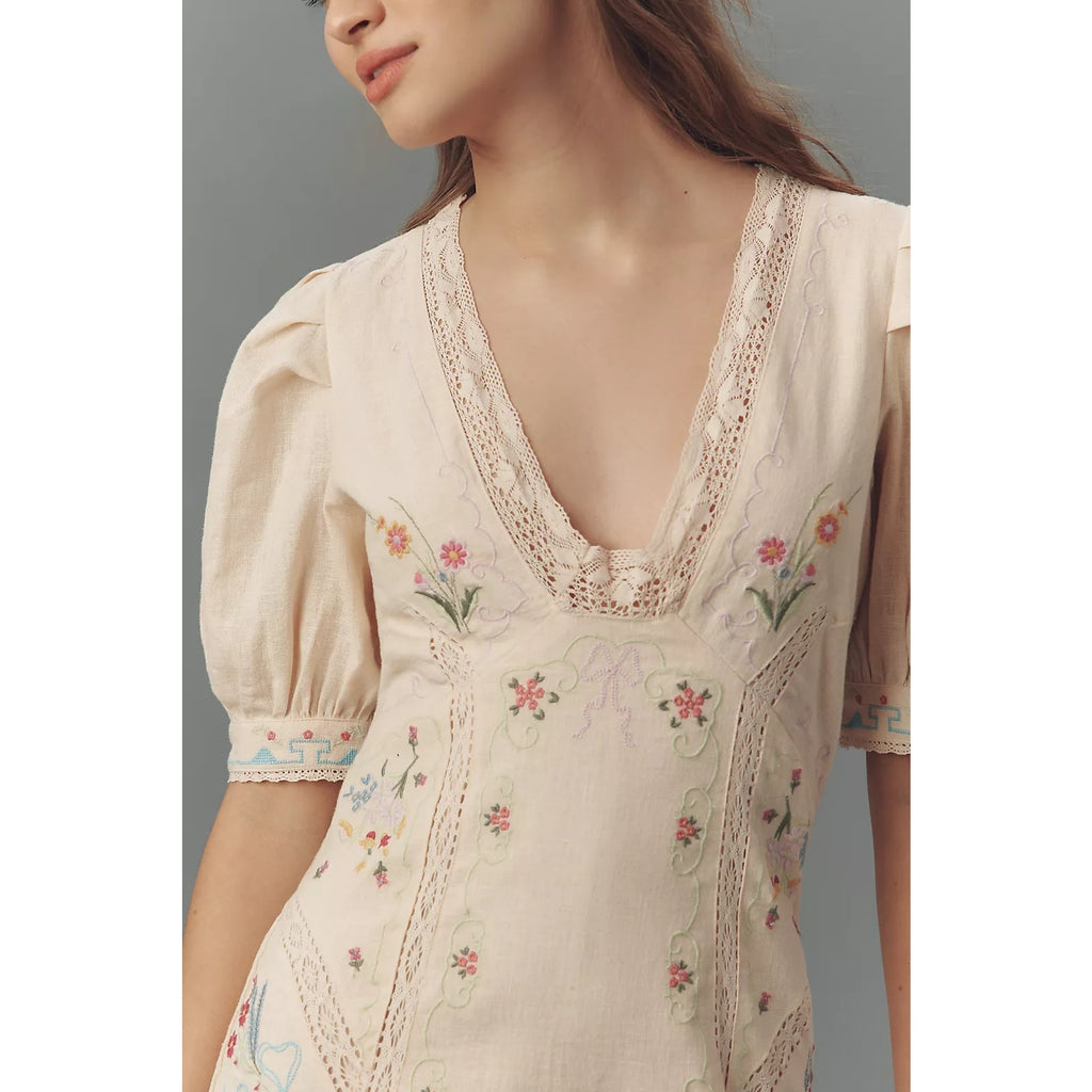 Anthropologie Linen Blend Puff-Sleeve V-Neck Mini Dress SIZE 12 Neutral Anthropologie