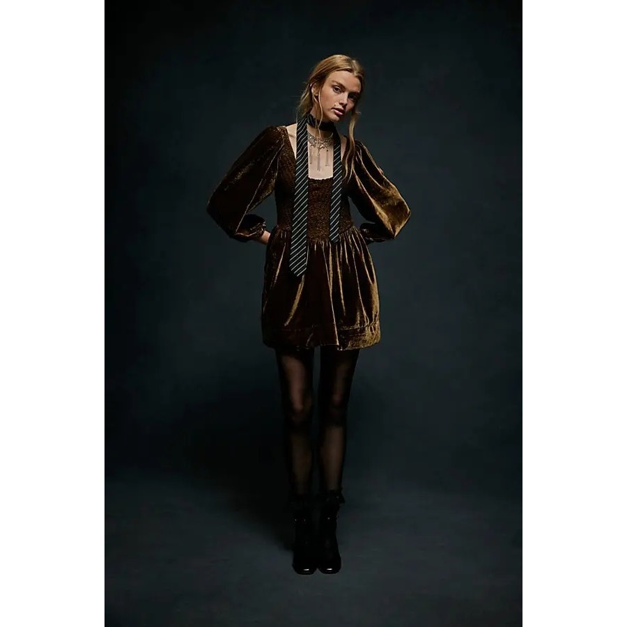 Free People Farrier Velvet Mini Dress X-SMALL Brown SMOCKED Free People