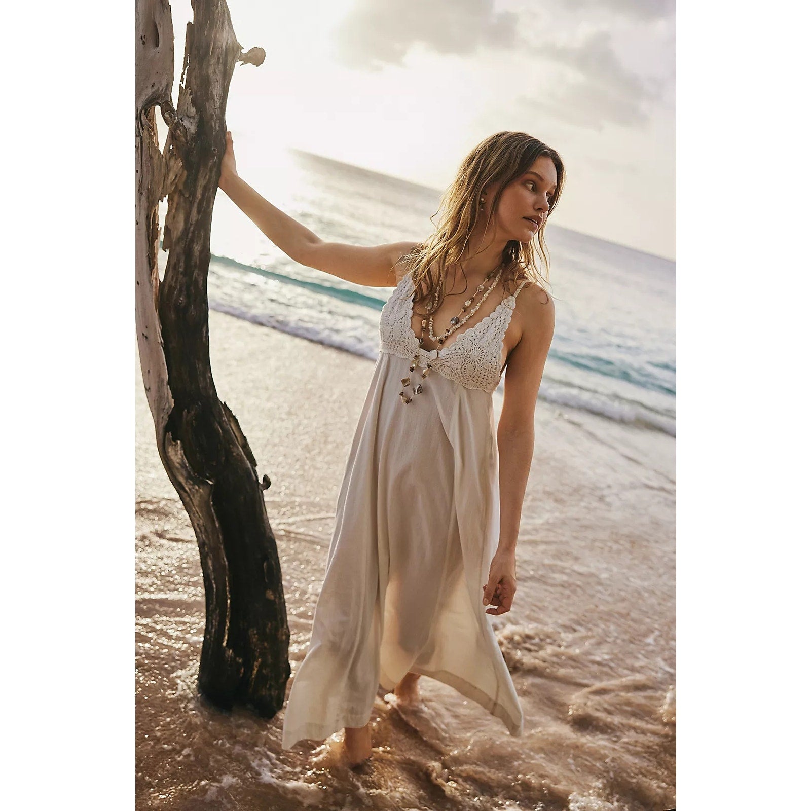 Free People FREE-EST Lovey Maxi Dress LARGE Ivory CROCHET Free People