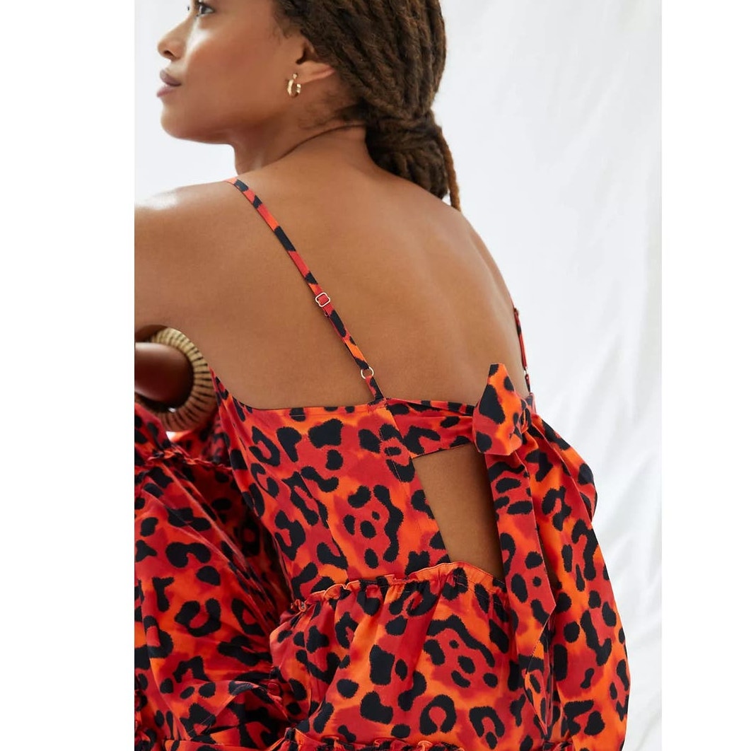 New Anthropologie by Geisha Leopard Tiered Midi Dress $198 MEDIUM Orange Motif