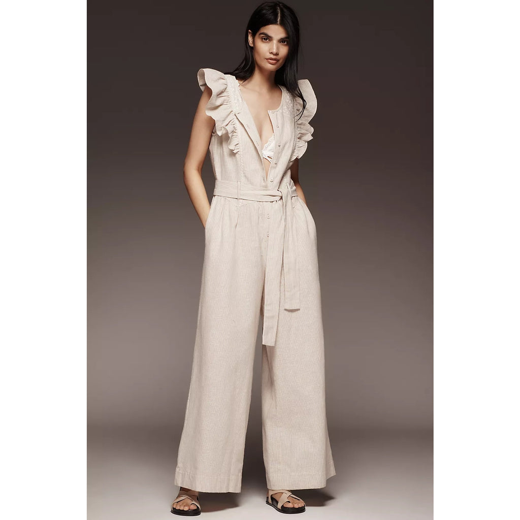 By Anthropologie Linen Blend Ruffle Jumpsuit SMALL Neutral PINSTRIPE Anthropologie