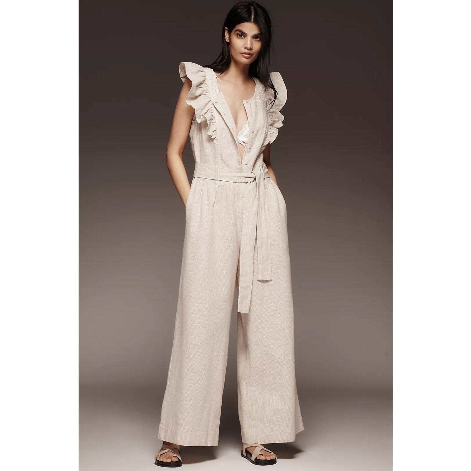 By Anthropologie Linen Blend Ruffle Jumpsuit SMALL Neutral PINSTRIPE Anthropologie