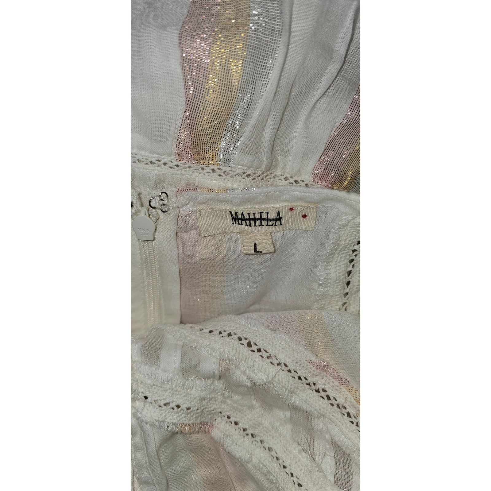 New Anthropologie Mahila Shoulder-Tie Mini Dress $128 LARGE Ivory Metallic