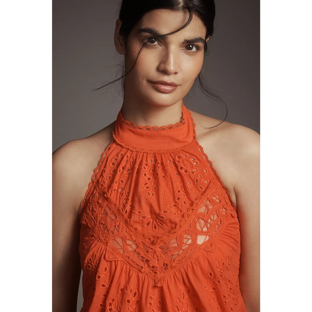 Anthropologie Halter Cutwork Lace Dress MAXI X-SMALL Orange Anthropologie