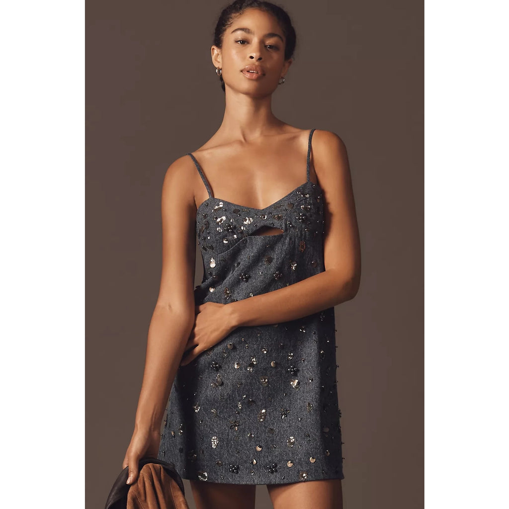 New Anthropologie Dhruv Kapoor Embellished Cutout Mini Dress $228 SMALL Blue