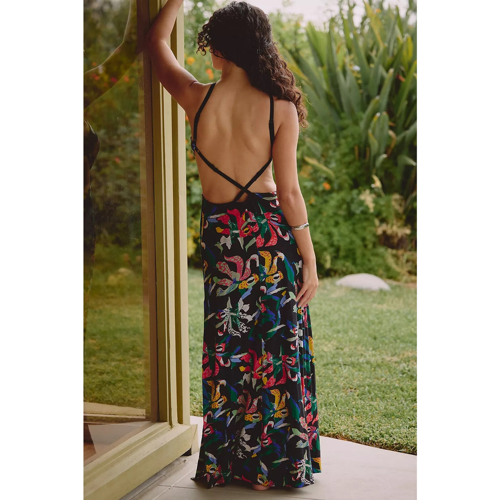 ANTHROPOLOGIE Celandine Marambia Cutout Maxi Dress LARGE Black Multi Anthropologie