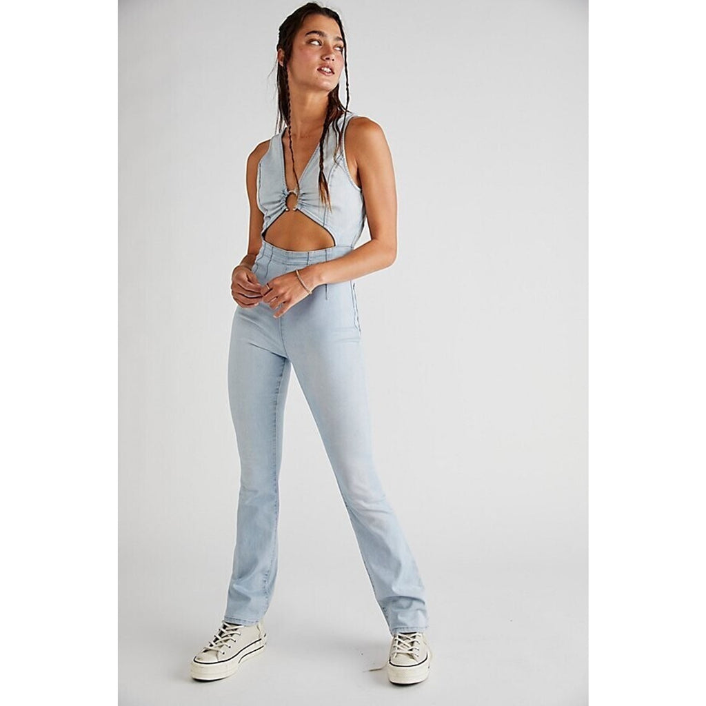 New Free People We the Free Ultraviolet Jumpsuit Light Wash Madison Large