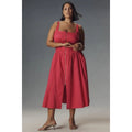 Tommie sleeveless smocked front-zip dress, coral-red midi