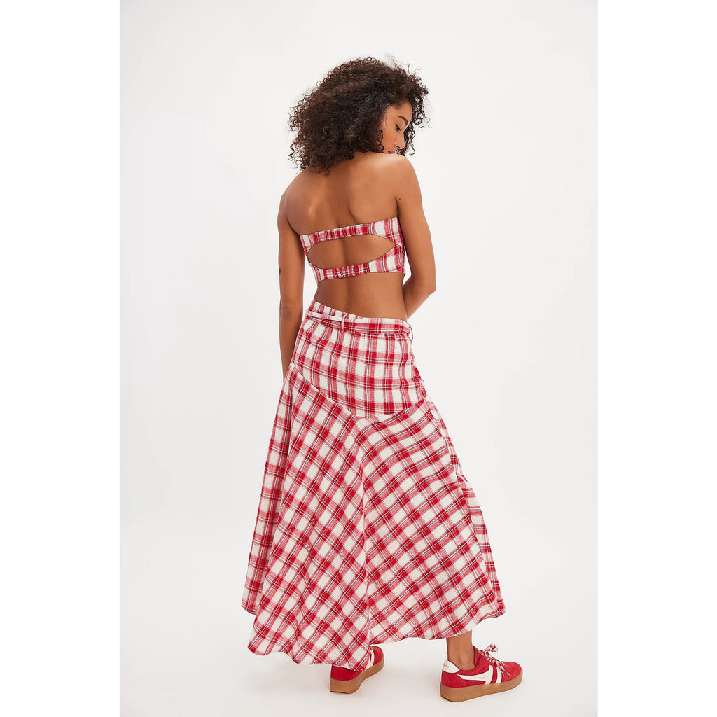 FREE PEOPLE After You Set MAXI SKIRT + CROP TOP Set MEDIUM Red Plaid Free People