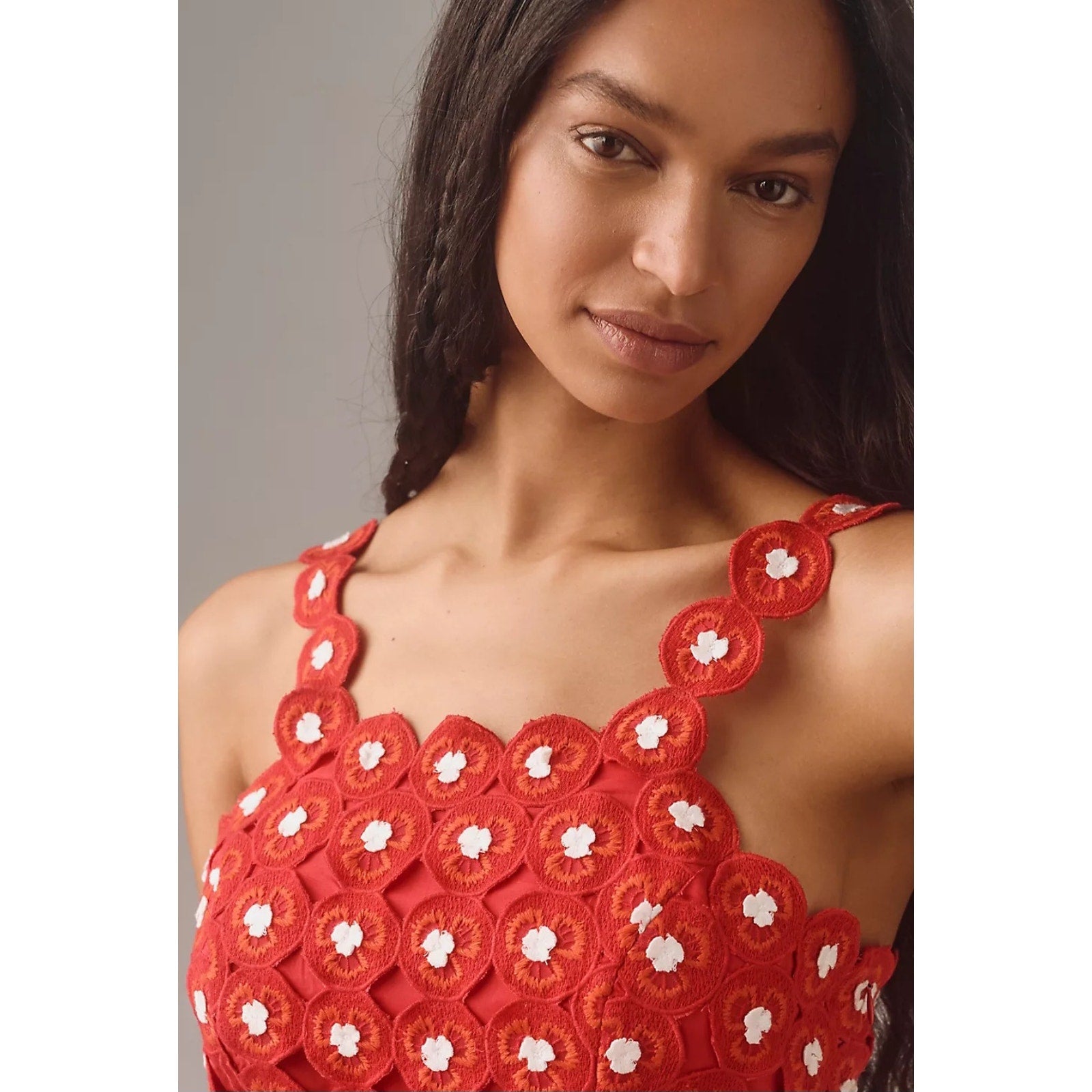Anthropologie Maeve Crochet Halter Poplin Midi Dress $228 SIZE 12 Red