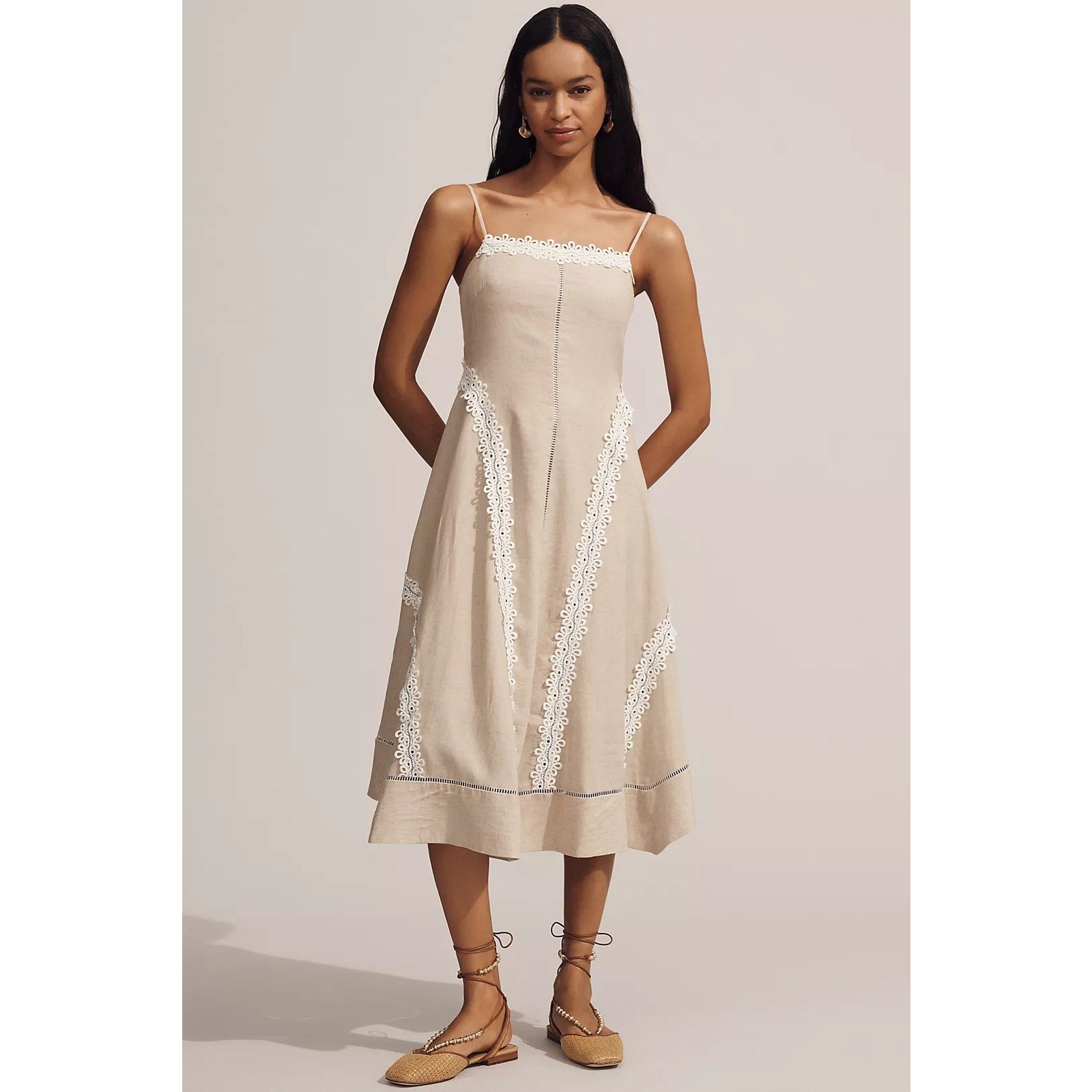 Anthropologie Linen Blend Sleeveless Square-Neck Midi Dress X-LARGE Tan Anthropologie
