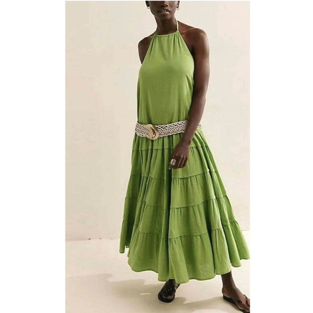 New FREE PEOPLE Somewhere Sunny Drop-Waist Boho Maxi Dress $118 MEDIUM Kiwi