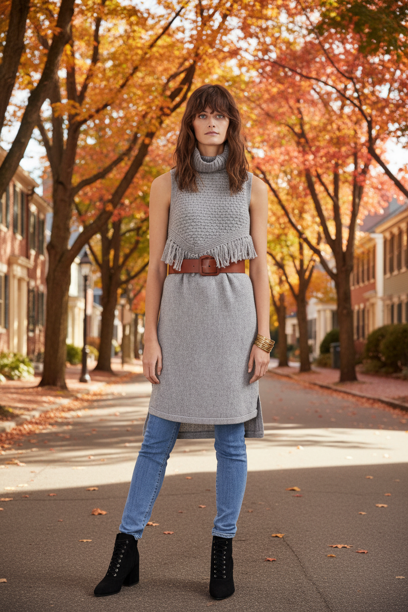 Gray knit sweater tunic with turtleneck, sleeveless style and fringe hem