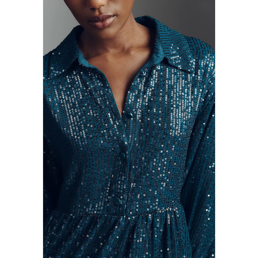 Teal sequin shirt dress top with pointed collar and button placket