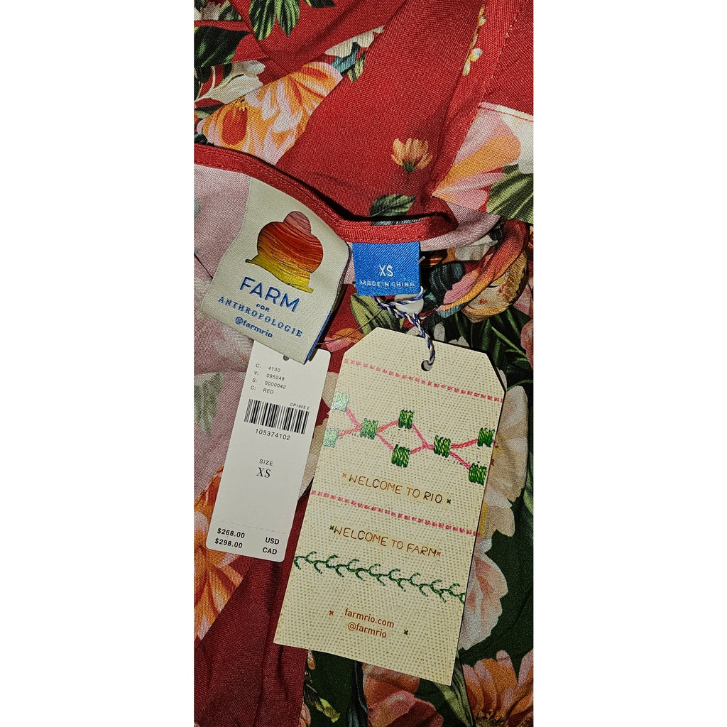 Anthropologie Farm Rio Long-Sleeve Floral Wrap Midi Dress X-SMALL Red FARM Rio