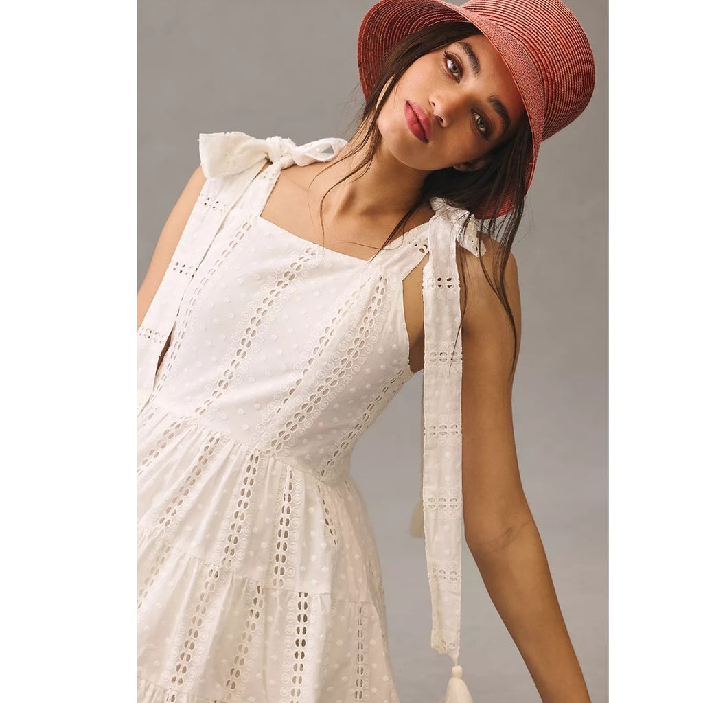 New Anthropologie Mille Shoulder-Tie Mini Dress $278 SMALL Cotton Eyelet Lace