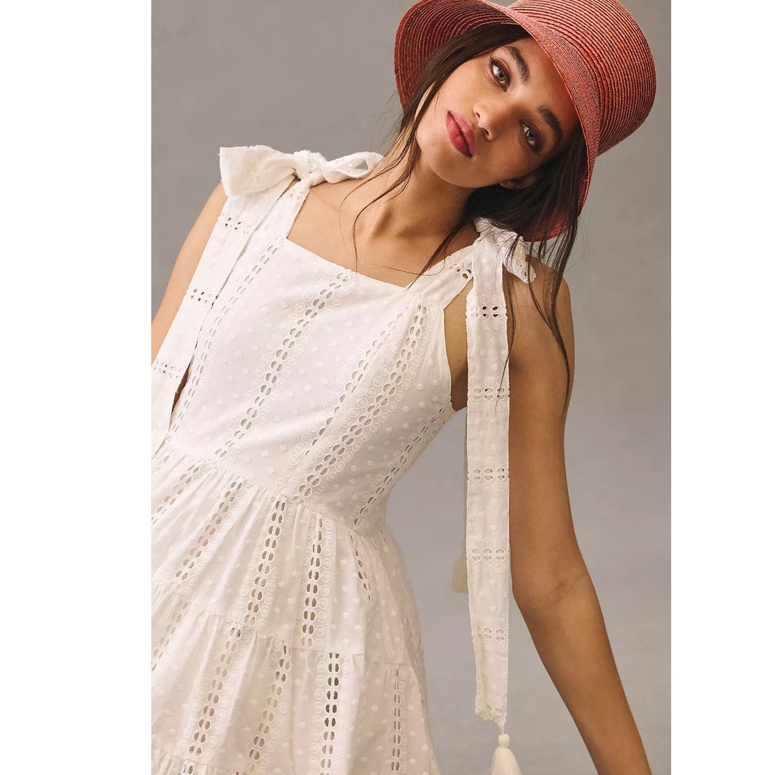 New Anthropologie Mille Shoulder-Tie Mini Dress $278 SMALL Cotton Eyelet Lace