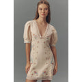 Anthropologie Linen Blend Puff-Sleeve V-Neck Mini Dress SIZE 12 Neutral Anthropologie
