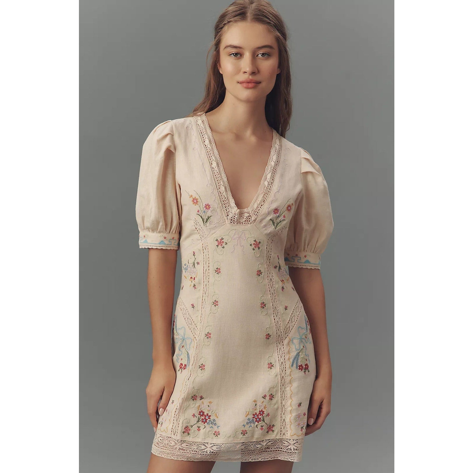 Anthropologie Linen Blend Puff-Sleeve V-Neck Mini Dress SIZE 12 Neutral Anthropologie