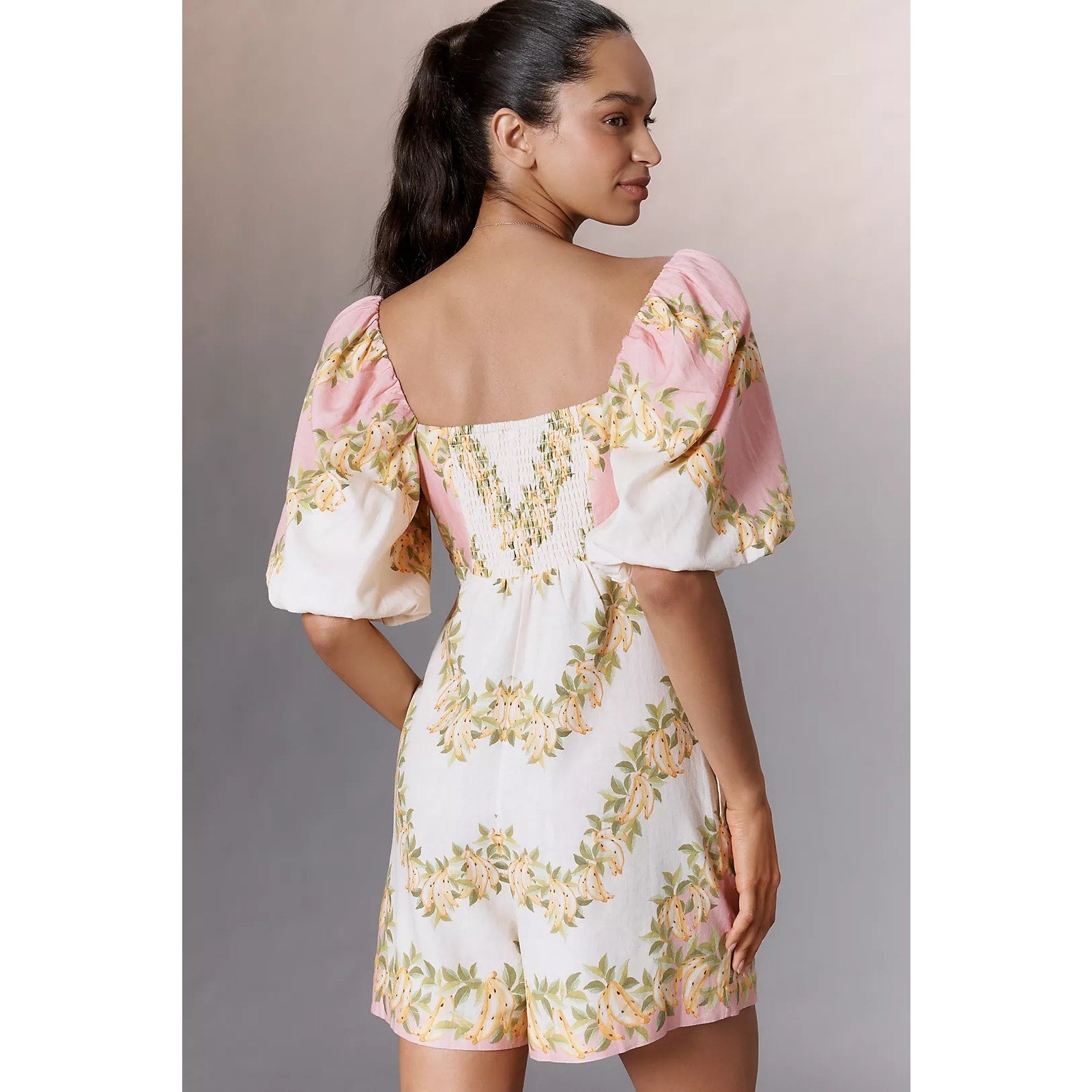 Farm Rio x Anthropologie V-Neck Puff-Sleeve Linen Blend Romper MEDIUM FARM Rio for Anthropologie