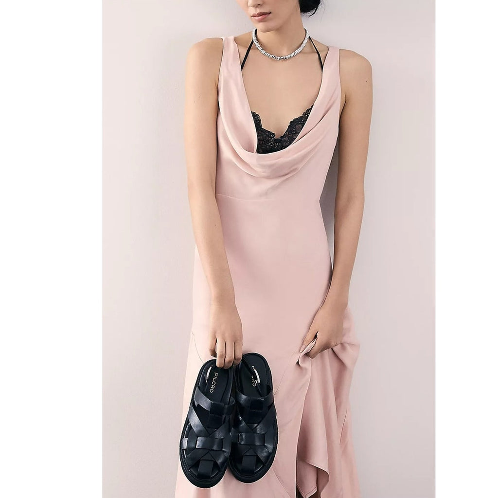 New By Anthropologie Cowl-Neck Asymmetrical Twofer Slip Dress $178 XS Pink